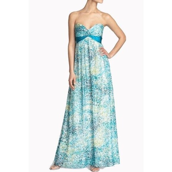 BCBGMaxazria Silk Chiffon Metallic Dress Aqua Blue Strapless Gown Prom Formal 6P - Picture 1 of 14